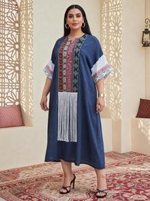 Vestido tradicional elegante de Ramadán 2026 de nuevo estilo, vestido de mujer árabe con bordados coloridos, parches, decoración con flecos y cuello en V - Azul - Ver 6
