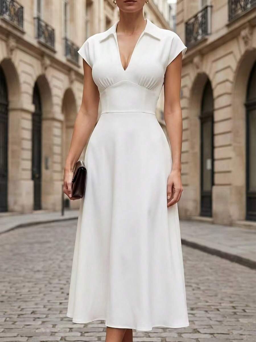 女士优雅白色翻领V领修身中长连衣裙，时尚OL休闲连衣裙 - 白色 - 查看 1
