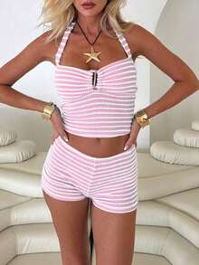 2pcs Knit Stripes Colorblock Resin Decor Hollow Neck Top & Shorts Beachwear Set Summer - Yellow - View 11