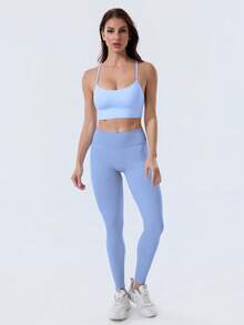 High Waisted Seamless Impact Leggings For Women Tummy Control Compression Workout Pants With Scrunch Butt No Front Seam Buttery Soft Yoga Gym Leggings Sculpting Fit All Season Activewear - 天藍色 - 查看 2