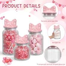 Juego de 3 tarros de vidrio herméticos con tapa de arco rosa de cerámica lindas rayas tarro de galletas de caramelo recipiente de almacenamiento de alimentos decoración para fiestas té - rosa transparente - Ver 7