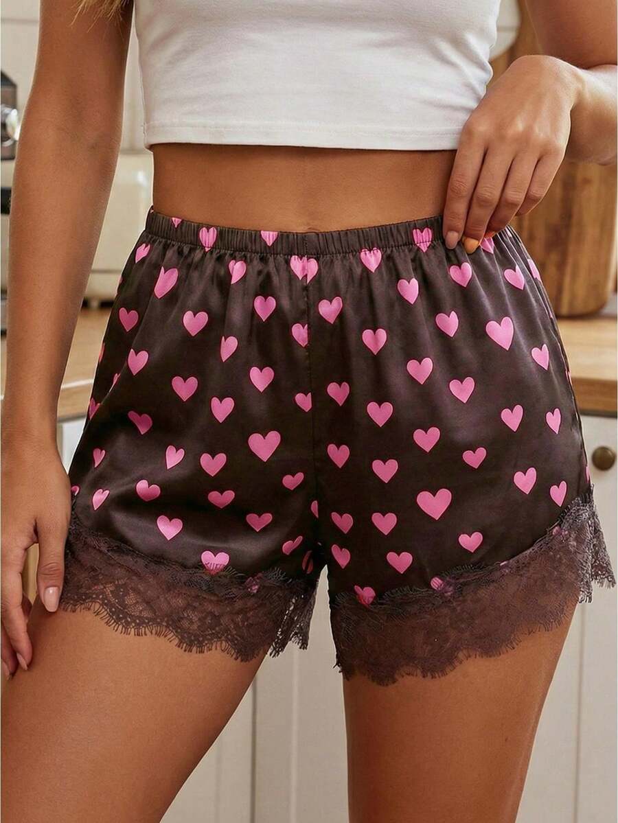 Womens Summer Lace Hem Elastic Waist Solid Color Wide Leg Shorts  Soft Lightweight For Daily Going Out Vacation - Pink - View 1