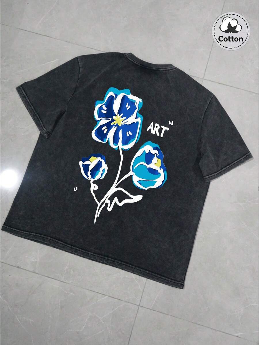 Camiseta de manga corta con estilo callejero y lavado vintage para hombres de talla grande, de algodón de calidad con un interesante estampado emo, para uso casual y diario. Camiseta de manga corta lavada con estampado en inglés y carácter, estampado casual de calavera. Camiseta de manga corta lavada de algodón negro versátil con estampado en inglés "DARKNESS", estilo Y2K, adecuada para uso diario. - Negro - Ver 1