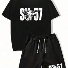 2026 Summer New Men'S Sports Casual Outfit Featuring A Round Neck Short-Sleeve T-Shirt And Elastic Waist Shorts, Made From Knitted Fabric With A Su-57 Fighter Jet Print - 黑色 - 查看 3