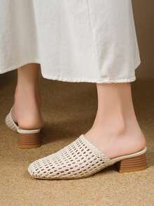Giày sandal nữ mũi vuông dệt kim, giày cao gót trắng thanh lịch, giày bít mũi đế dày kiểu Bohemian khoét rỗng dự tiệc ngoài trời, giày gót chunky, giày mùa hè - Màu be - Xem 2
