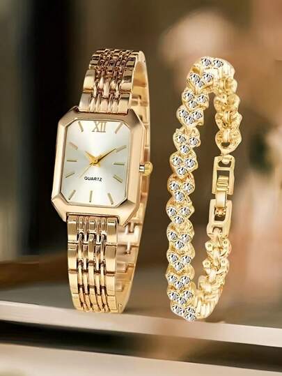 2pcs Ladies' Quartz Watch Heart-Shaped Bracelet Jewelry Set Elegant Retro Light Luxury Minimalist Dial For Daily Wear Party Decoration Or Mother's Day Valentine's Day Various Festival Gifts For Friends And Mothers