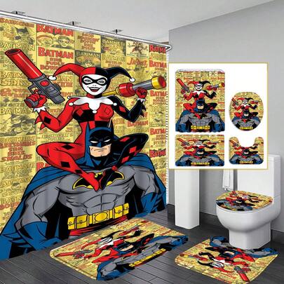 反派与英雄奎恩和蝙蝠侠复古漫画浴帘套装，防水布浴帘，含防滑浴垫和马桶盖套，是蝙蝠侠和奎恩粉丝的理想礼物，非常适合浴室、生日和节日使用。