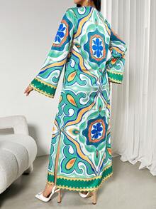 Women's Geometric Pattern V-Neck Long Sleeve Elegant Slit Dress,Elegant Loose Flowy Robe, Luxury Arabic Style Ruffle Sleeve Lightweight Breathable Casual Vacation Abaya Robe Gown, Summer Holiday Outfits , Beach Vacation Outfits,Birthday Outfits,Graduation Outfit,Wedding Party Outfit - Multicolor - View 2