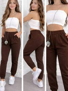 Women's Thick Jogger Sweatpants With High Waist - Rust Brown - View 3