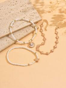3pcs/Set Summer Beach Vacation Style Beaded Seashell & Starfish Pendant Anklet, Handmade Gold Shell Chain Fashion Foot Jewelry Suitable For Daily, Date, Dinner And Beach Vacation Wear. The Seashell Handmade Chain Can Be Cut To Desired Length, Seashell Quantity Is Random. - Multicolor - View 3