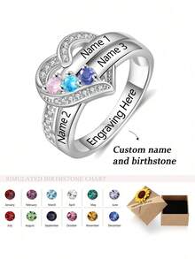 1pc Customized Birthstone Ring, Heart Engraved Name Ring, Personalized Family Name Ring, Women's Ring, Mother's Day Gift, Gift For Mom, Wedding Ring - 3 Birthstones - View 1