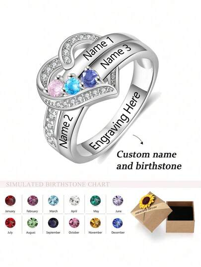 1pc Customized Birthstone Ring, Heart Engraved Name Ring, Personalized Family Name Ring, Women's Ring, Mother's Day Gift, Gift For Mom, Wedding Ring