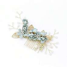 1pc Vintage Gold Wire Light Green Flower Faux Pearl Beaded Handmade Hair Comb Headpiece, Boho Bridal Headdress, Suitable For Weddings, Bridesmaids, Galas, Birthday Parties, Summer - Green - View 4