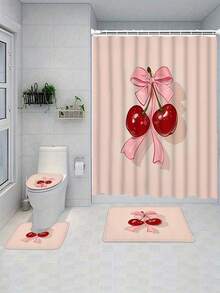 1/4 件装樱花蝴蝶结图案防水涤纶浴帘，配 12 个挂钩，浴室防滑垫，马桶座套和 U 型垫 - A - 查看 8