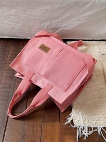 多巴胺帆布手提包，女士大容量多口袋斜挎包，宽肩带，手提包 - 粉色 - 查看 6