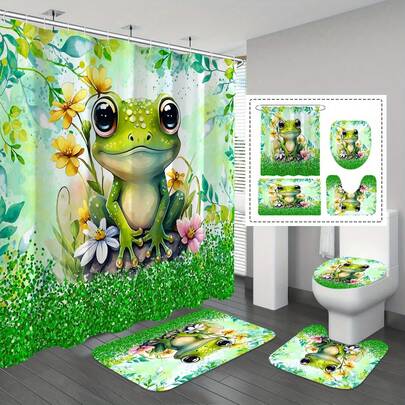 1/4 件套可爱青蛙图案浴帘套装，花卉闪光浴室套装，包含浴帘和地毯，涤纶面料浴帘浴室装饰，带 12 个挂钩