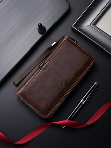 SHABILI 1pc Solid Color PU Leather Large Capacity Zipper Wallet, Business Clutch Bag, Phone Pouch For Men, Commuting & Daily Use Money Wallet Purse Wallet Long Wallet Travel Essential Summer Wristlet Wallet For Women - Bronze - View 6