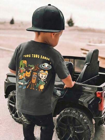 Kids Cartoon Print Sleeveless Top And Shorts Set, Suitable For Summer Vacation, Travel, Relaxation, Sunbathing