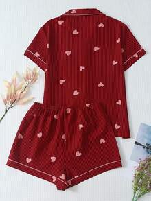 2pcs Women's Comfortable Red Striped Heart Print Short Sleeve Collared Top And Bow Shorts Pajama Set, Spring/Summer - Red - View 2