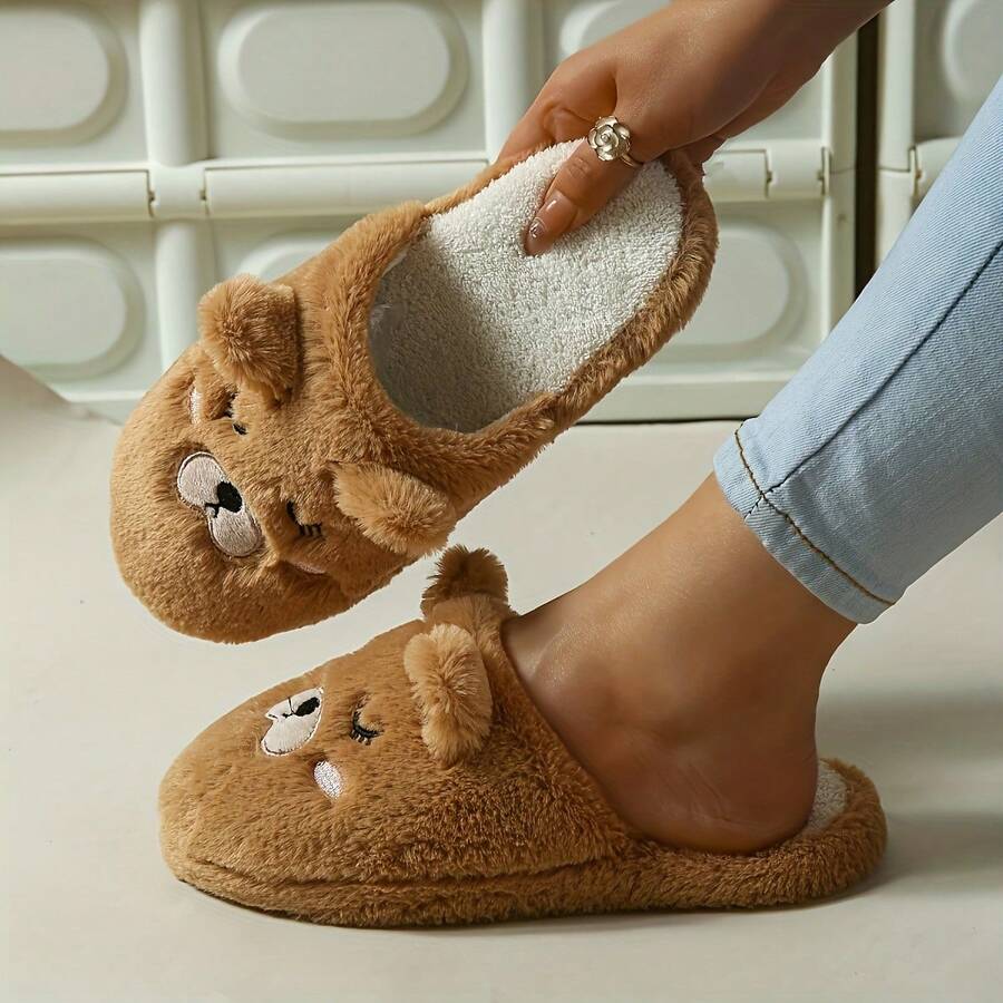时尚新款毛绒可爱小熊室内拖鞋，套脚款式，适合情侣春、秋、冬季穿着。 - 女款拖鞋 - 查看 1