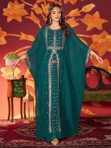 Women's Solid Color Round Neck Arabic Style Dress, Decorated With Luxurious Embroidered Beads, Elegant And Graceful, Suitable For Spring - Dark Green - View 5