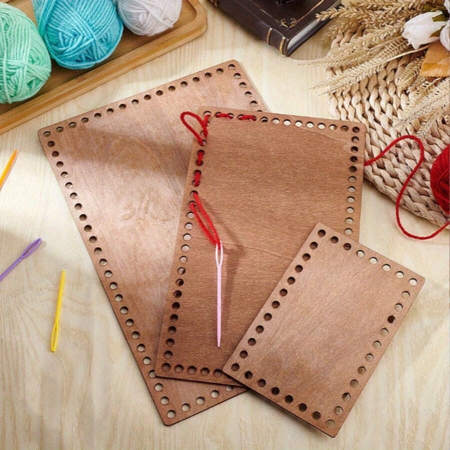 2D Flat, 3pcs Rectangular Wooden Crochet Basket Bases - Pre-Drilled Holes, Wooden Material, Essential For DIY Handbag Making And Weaving Projects - Wooden Base - View 1