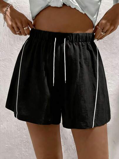 2pcs Women's Sports Shorts, Line Design, Side Pockets, Casual Bermuda Shorts, Nylon Breathable Fabric, Suitable For Running, Daily Wear In Summer