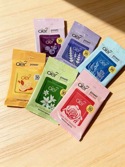 10g AER Fragancia sin llama, Difusor de coche, Aceites esenciales de aromaterapia, Sachets, Aroma duradero hasta 30 días. 6 fragancias diferentes, portátil. Función desodorizante y eliminadora de olores, aroma duradero, ambientador de aire