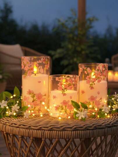 Cherry Blossom Pattern LED Flameless Electronic Candle - With Remote Control, Timer And Dimming Function, Warm Light Creates A Cozy Atmosphere; Suitable For Home Living Room, Bedroom, Coffee Table, Spring Wedding, Bride Party And Holiday Gathering Decoration