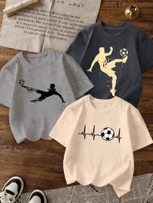 Bộ 3 áo thun thể thao in hình chủ đề bóng rổ, thích hợp cho bé trai mặc thường ngày, cổ tròn, tay ngắn, chủ đề bóng rổ, phù hợp cho mùa xuân/hè, áo thể thao cho thanh thiếu niên. - Nhiều màu - Xem 2