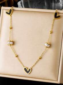 1件 时尚简约钻石滴油黑红爱心配饰链条镀金首饰不锈钢项链 - 愛心 - 查看 9
