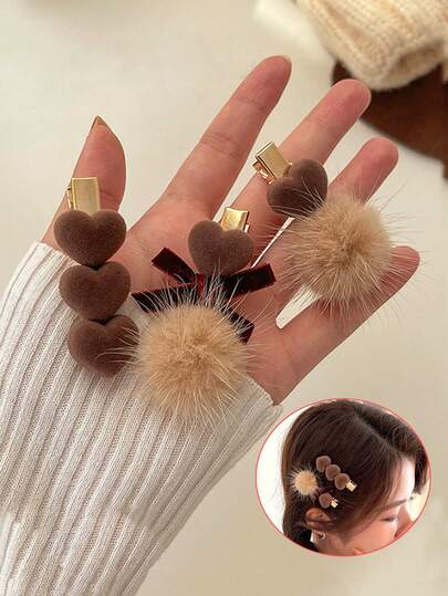 1个可爱爱心毛绒球发夹，刘海侧边发夹，带蝴蝶结，女士可爱发夹