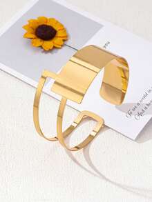 1 pieza Brazalete minimalista de metal dorado con línea suave, joyería casual de verano para fiestas en la playa - Dorado - Ver 3