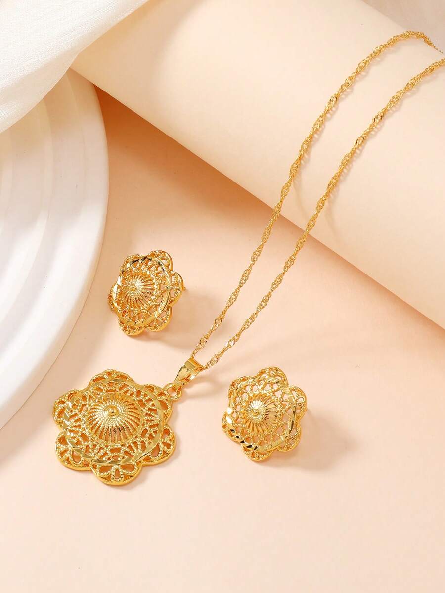 2pcs Middle Eastern Saudi Arabian Style Gold-Plated Hollow Plum Blossom Pendant Necklace And Earring Jewelry Set, 1 Necklace 1 Pair Earrings - Yellow Gold - View 1