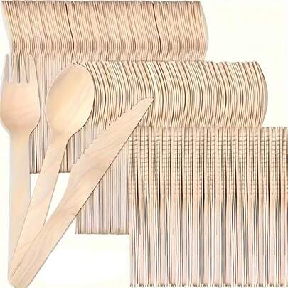 150pcs/Set, 50pcs/Set, 25pcs/Set, 10pcs/Set Natural Wooden Salad Cutlery Set, Western Tableware, Bamboo & Wood Knife Fork Spoon, High Quality, Wedding & Party Supplies, Snacks, Rustic Style, Natural Picnic Utensils