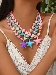 1 Set Fashionable & Elegant Bohemian Style Irregular Stone-Shaped Multi-Color Resin Beaded Necklace, Including 3D Colorful Heart, Starfish, Bowknot Pendants, Suitable For Fashionable Beach Party Wear, Unique & Charming Design For Stylish Ladies. The Resin Patterns And Pendant Quantities Are Randomly Distributed Due To The Handmade Stone-Imitation Production Process. - Multicolor - View 16