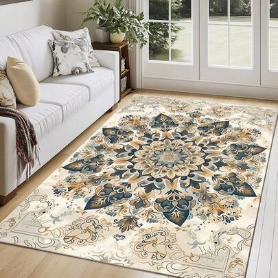 1pc Vintage Persian Style Rug, Beige Background With Blue & Gold Mandala Floral Pattern. Velvet Fabric, Approx. 850g Weight, 0.6cm Thickness. Durable, Non-Slip, Easy To Clean. Available In Multiple Sizes. Suitable For Kitchen/Living Room/Dining Room/Bedroom/Balcony/Bathroom/Study. Perfect Home Decor Choice.