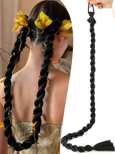 42Inch Elastic Rope Braided Ponytail Hair Extensions, Smooth Straight Wrapped Braided Hair Extensions, Natural Soft Synthetic Hair, Black,Soft & Natural Look, For Women Daily Use