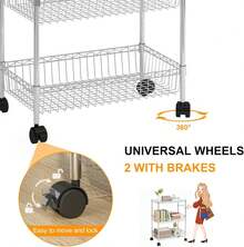 Carrito de organizador de cocina de utilidad rodante de 3 niveles con estantes de alambre y manija ajustables, carro de almacenamiento de metal - ruedas bloqueables de 360 ° para restaurante, hogar, oficina - Plateado - Ver 7