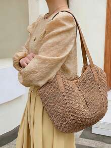 Khaki Crochet Woven Tote Bag, Oversized One Shoulder And Handbag, Made Of Straw With Green Artificial Flower Decor. Large Capacity, Suitable For Beach Vacation And Casual Outfits. - Khaki - View 5