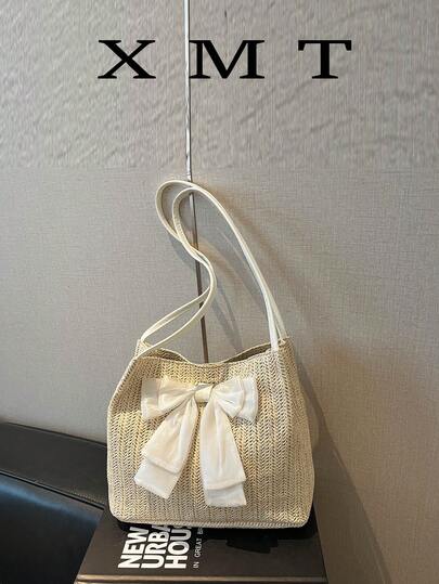 大容量草编蝴蝶结休闲时尚女式双肩单肩包，适合女孩、女士、大学生、职场新人及白领，非常适合工作、商务、通勤和上学。针织单肩包，多功能草编蝴蝶结设计沙滩手提包，休闲旅行，沙滩包。