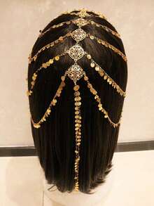 1pc Fashionable & Elegant Gold Hoop Tassel Headchain, Bohemian Dubai Hollow Flower Red Gemstone Decor Hair Accessory, Suitable For Women's Party & Festival Wear, Middle Eastern Style, Bride To Be, Hair Accessories For Women - 金色 - 查看 6