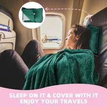 3 in 1 Travel Blanket Pillow Set - 350 GSM Thick Travel Blanket Airplane Compact with Bag Soft Bag with a Pocket Inflatable Travel Pillow for Camping and Car Trip Dark Green - Verde Oscuro - Ver 4