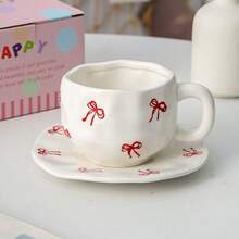 12盎司手工不对称拱形陶瓷杯碟套装，日式复古加厚咖啡杯，高品质下午茶、拿铁、早餐牛奶、酸奶、燕麦片杯，适合居家、咖啡馆使用，也是馈赠佳品。 - 彩色 - 查看 3