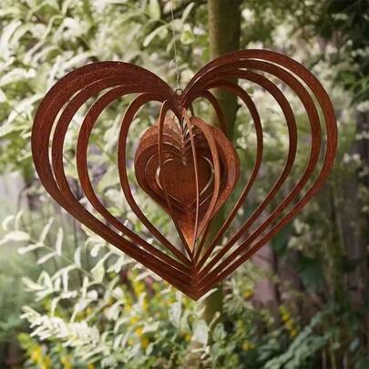 1 chiếc chuông gió hình trái tim xoắn ốc kiểu nông thôn bằng kim loại, đường kính 25cm, vẻ ngoài gỉ tự nhiên, chuông gió bằng sắt, trang trí sân vườn, trang trí ngoài trời.