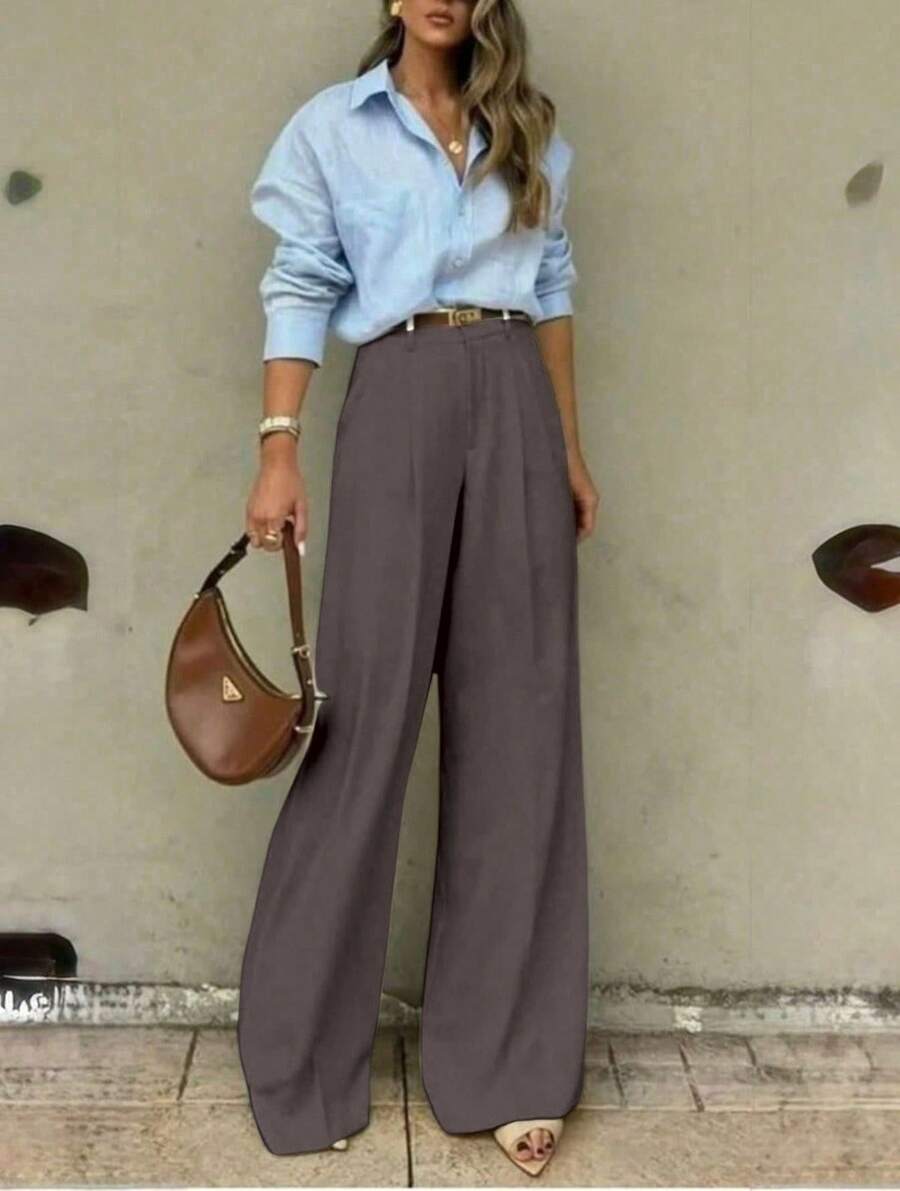 Straight-Leg, Wide-Legged Suit Trousers. Floor-Length. - Dark Grey - View 1