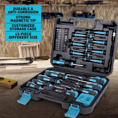 43pcs Magnetic Screwdriver Set, Including Slotted, Hex, Square, Star, And Precision Screwdrivers, Magnetic Demagnetizer Tool (Blue)