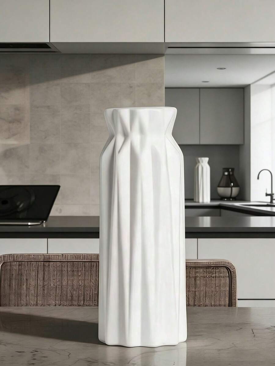 1pc White Plastic Vase, Decorative Vase For Artificial Flowers, Simple Summer Decor For Living Room, Dining Table, TV Cabinet, Suitable For Living Room, Dining Table, Bedroom, Wedding, Modern Minimalist Desktop Decor - White - View 1