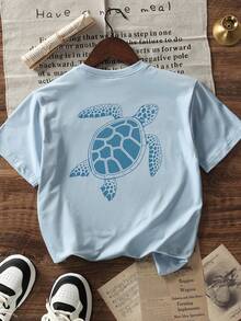 Girls' Light Blue Sea Turtle Print T-Shirt, Casual Coastal Summer Short Sleeve Tee For Teens - Baby Blue - View 3