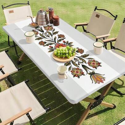 1 件长方形桌布，可擦拭清洁，波西米亚风花卉图案，带松紧带包边，适用于野餐、露营、婚礼、生日派对、居家、厨房、餐厅、室内/室外等场合。
